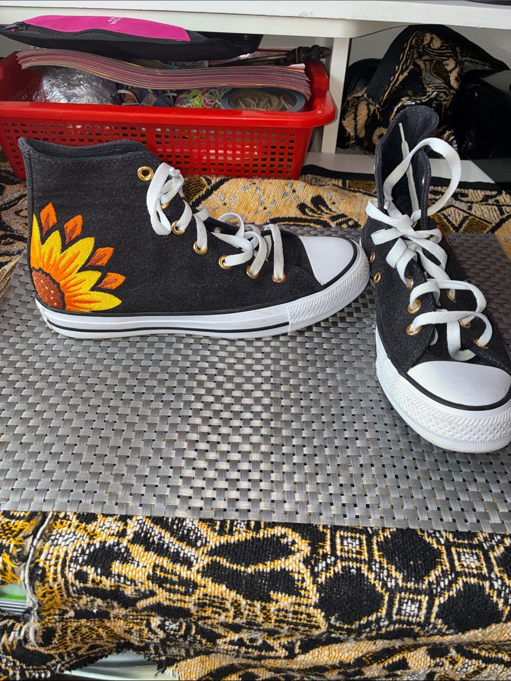 Converse Black High-Top Sneakers with Hand-Painted Yellow Sunflower